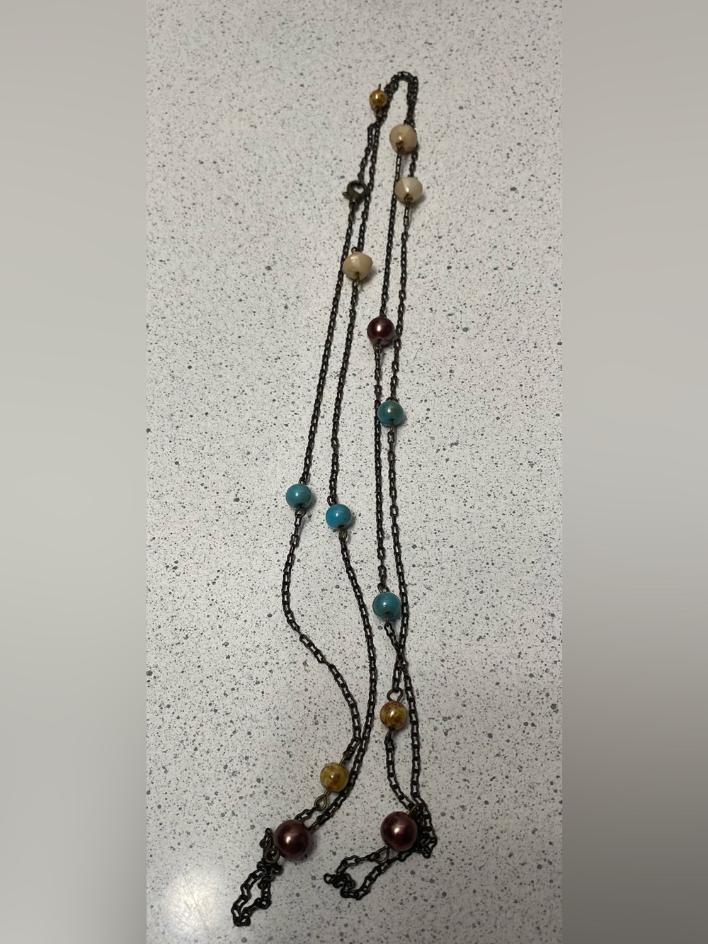 Vintage Multi-Color Beaded Long Necklace on Copper Chain